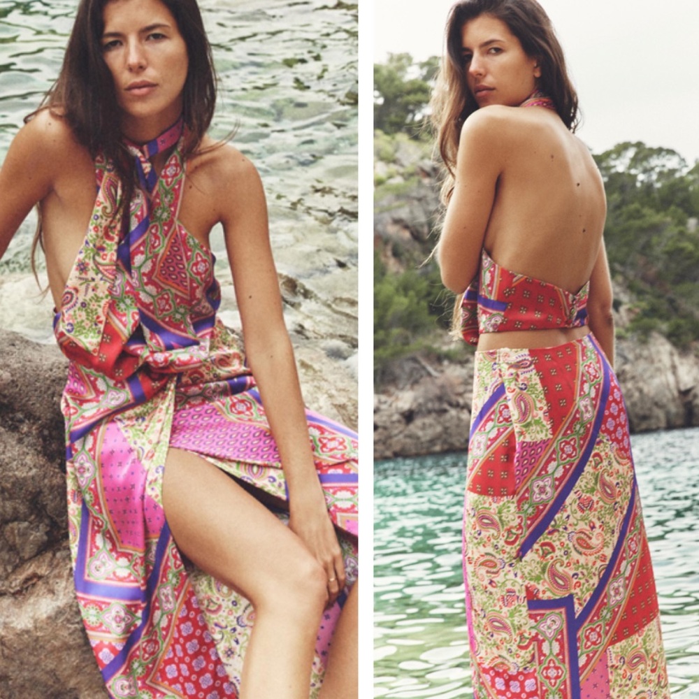 NWT Zara Paisley Patchwork Print Satin Halter Neck Cutout Midi Dress - S
